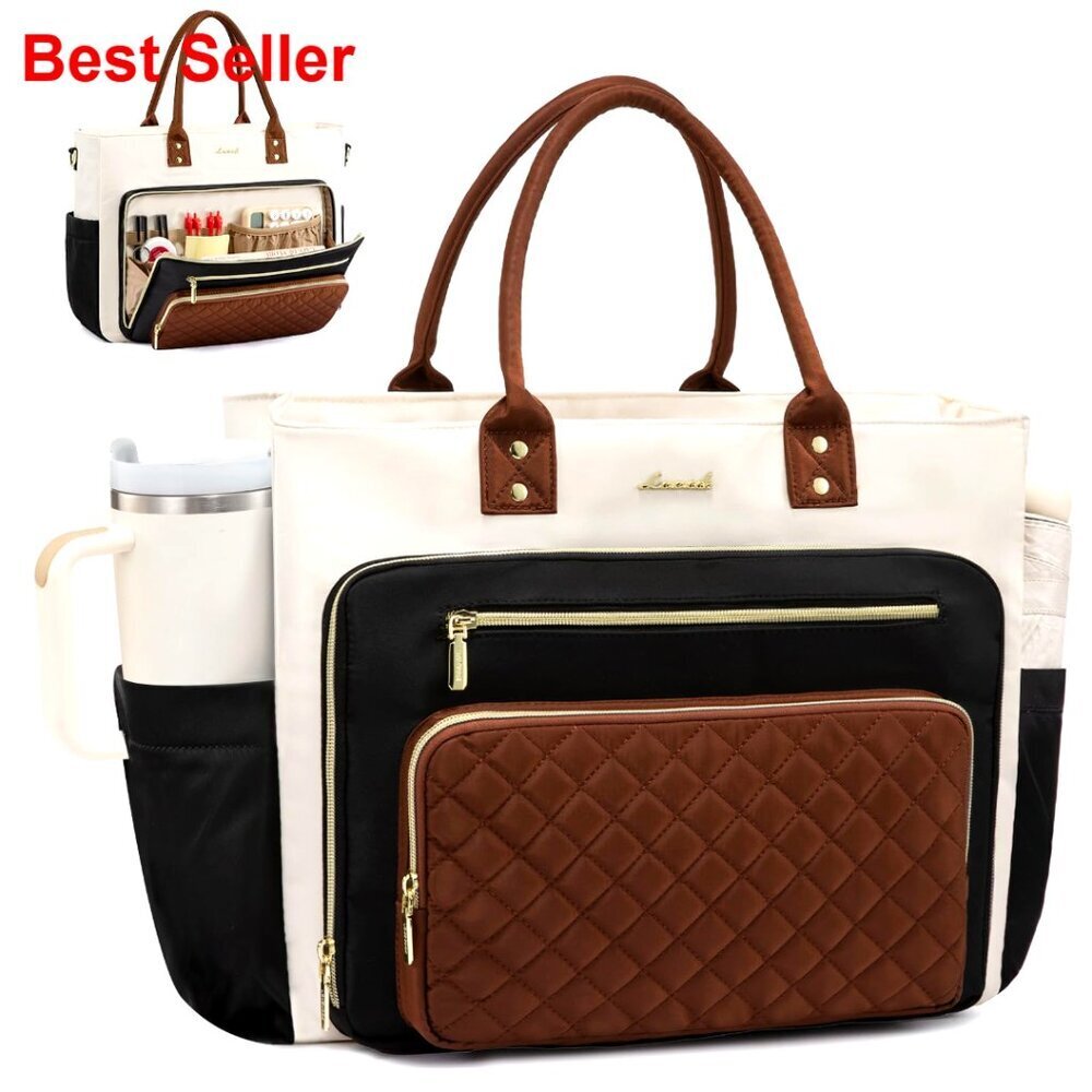 15.6 Inch Laptop Tote Bag with Large Cup Holder, Multi-Pocket Professional Work